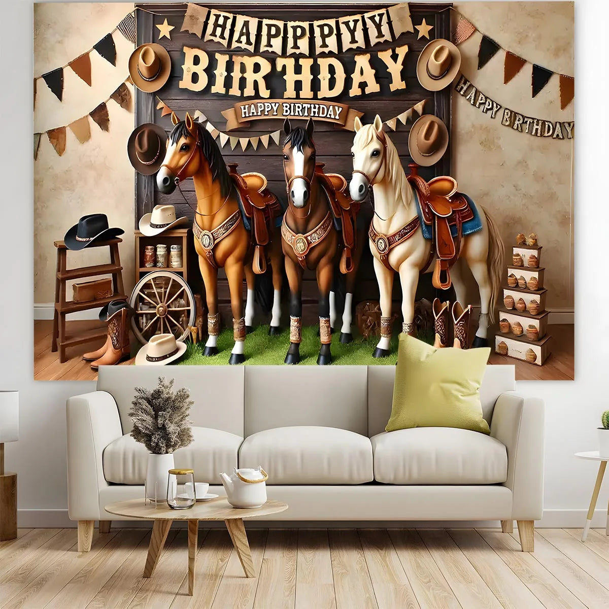 1 "Happy Birthday West" themed background banner - polyester, cowboy and horse print with rustic wood design