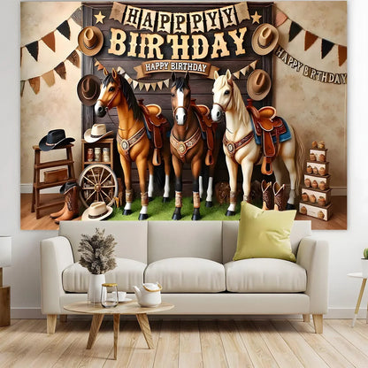 1 "Happy Birthday West" themed background banner - polyester, cowboy and horse print with rustic wood design
