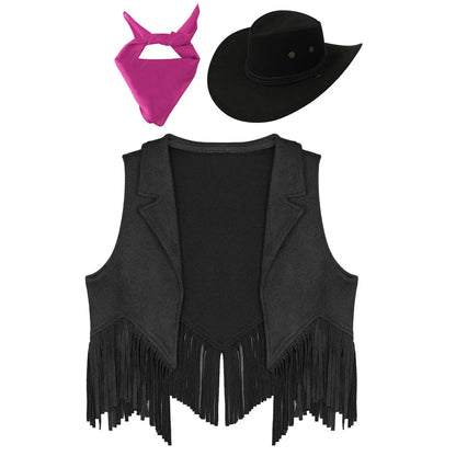 Costume de cosplay Western Cowboy Cowgirl pour enfants, glands en fibre de daim, chapeau glacé, ensemble bandana, habillage de fête à thème Halloween