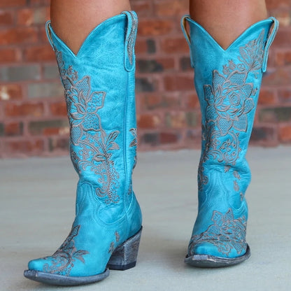 Western Style Women's Pointed Large Embroidered Rose High Heels Vintage Old Women's Boots High Barrel Western Boots