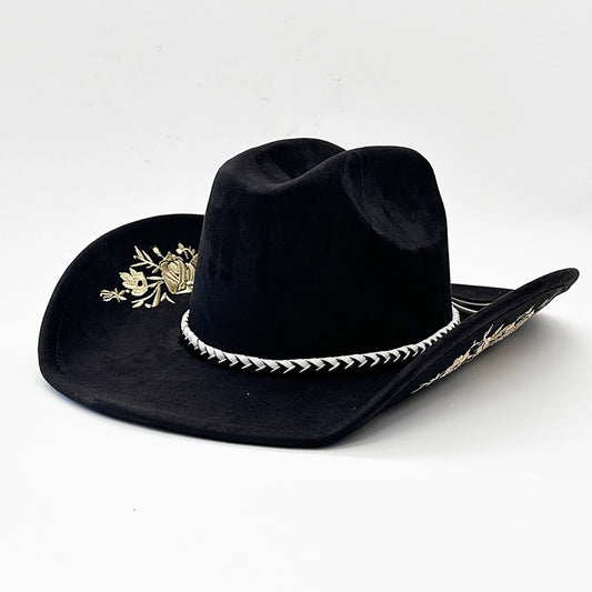 Chapeau de cow-girl rétro en daim pour femmes et hommes, broderie florale, large bord, casquette western, chapeau de jazz, chapeaux de cowboy