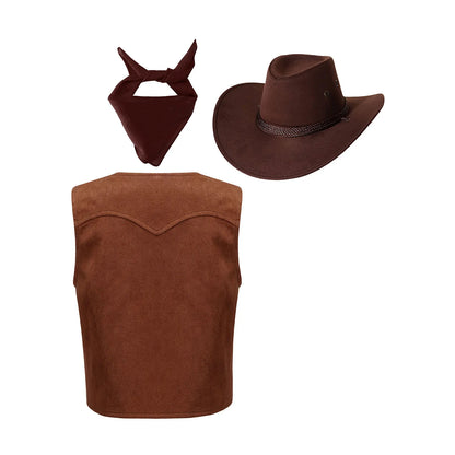Kids Halloween Western Cowboy Cowgirl Cosplay Costume Retro Fringe Vest Waistcoat with Paisley Bandanna Hat for Carnival Party