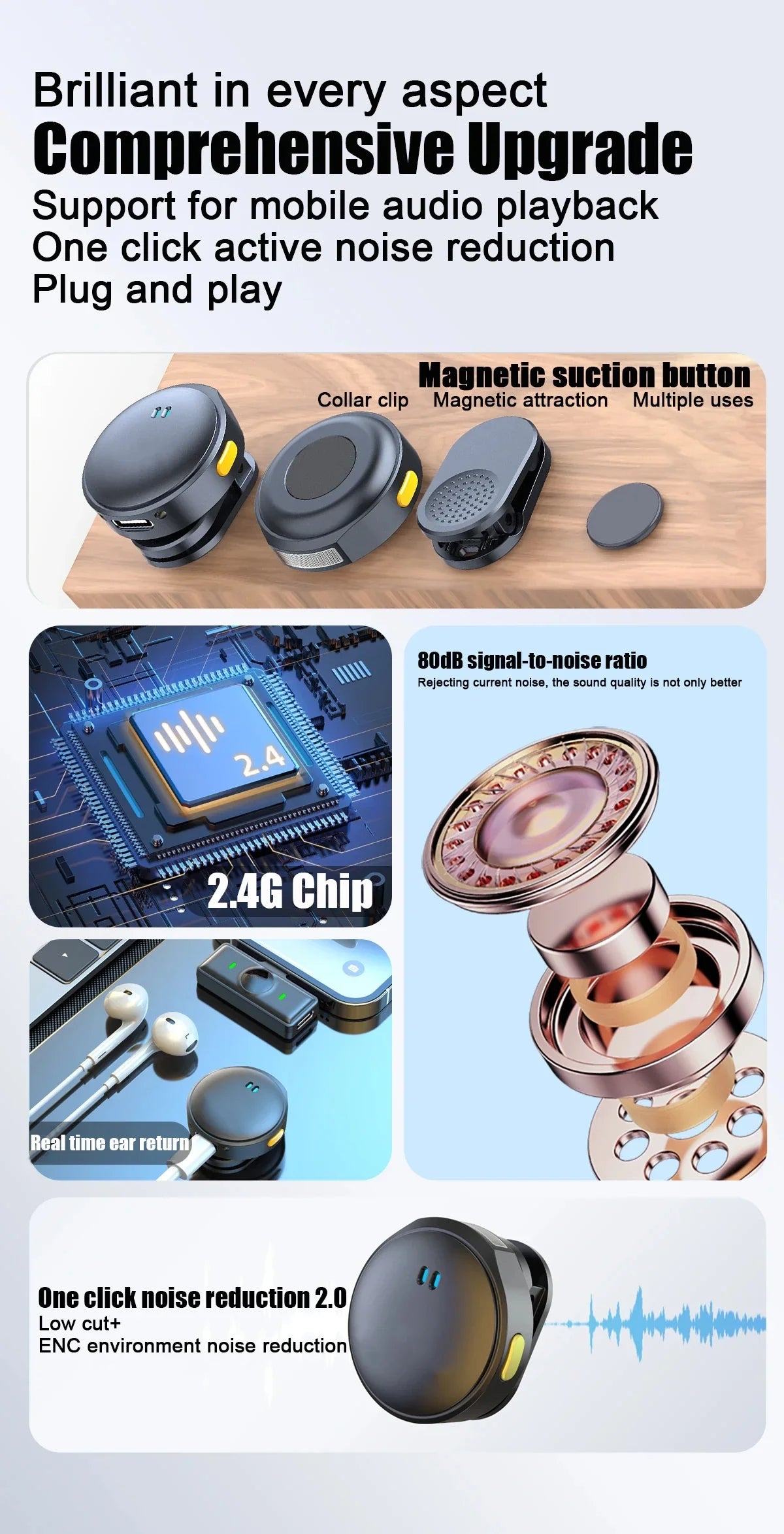 Microphone Lavalier 2.4GHz, sans fil, à aspiration magnétique, avec étui de chargement, pour enregistrement vidéo, Plug and Play