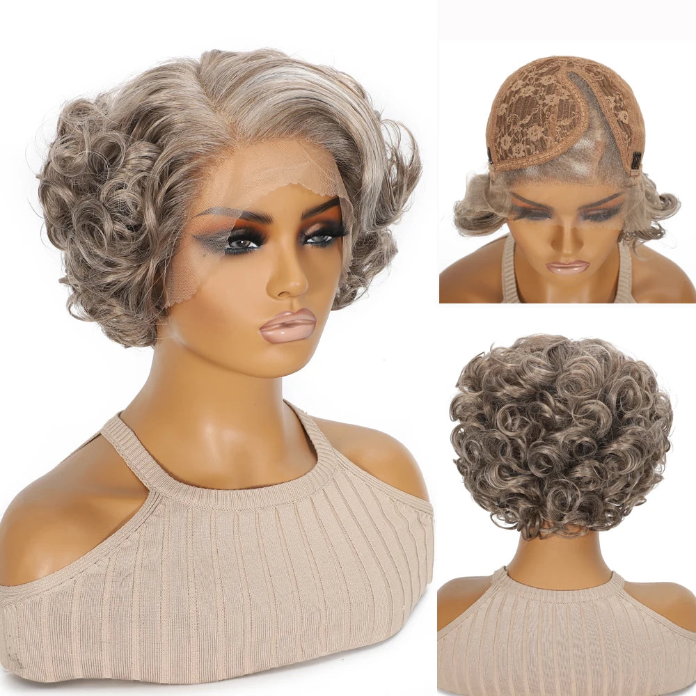 10 Inch Short Curly Wavy Blonde Black Grey Synthetic Wig for Women Natural Look T-Part Lace Front Hair Replacement