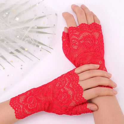 1 Pair Summer Autumn Sexy Lace Gloves Girls Women Sunscreen Short Gloves Fingerless Driving Gloves Half Finger Mittens Elastic