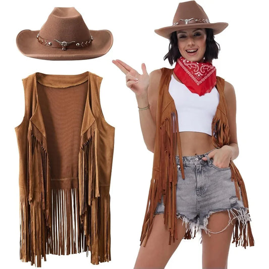 Costume de Cowboy pour femmes, 3 pièces, gilet à franges en Faux daim avec Rivets, chapeau de Cowboy, vêtements de fête de carnaval, Clubwear