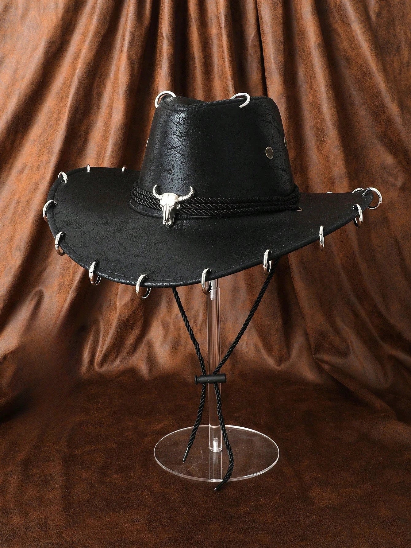 HongLuan – chapeau de Cowboy noir réglable en cuir PU pour hommes et femmes, mode occidentale de voyage, Cowgirl avec Badge Bullhead, chapeaux d'extérieur pour femmes