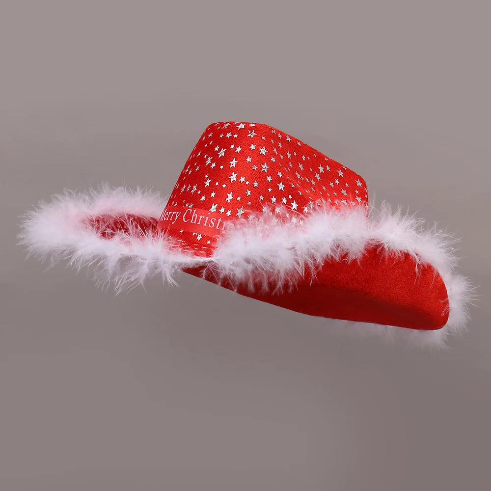 Chapeau de Cowboy de noël rouge, décoration du père noël, accessoires de fête de vacances, chapeau de Cowgirl à large bord, chapeau de Jazz