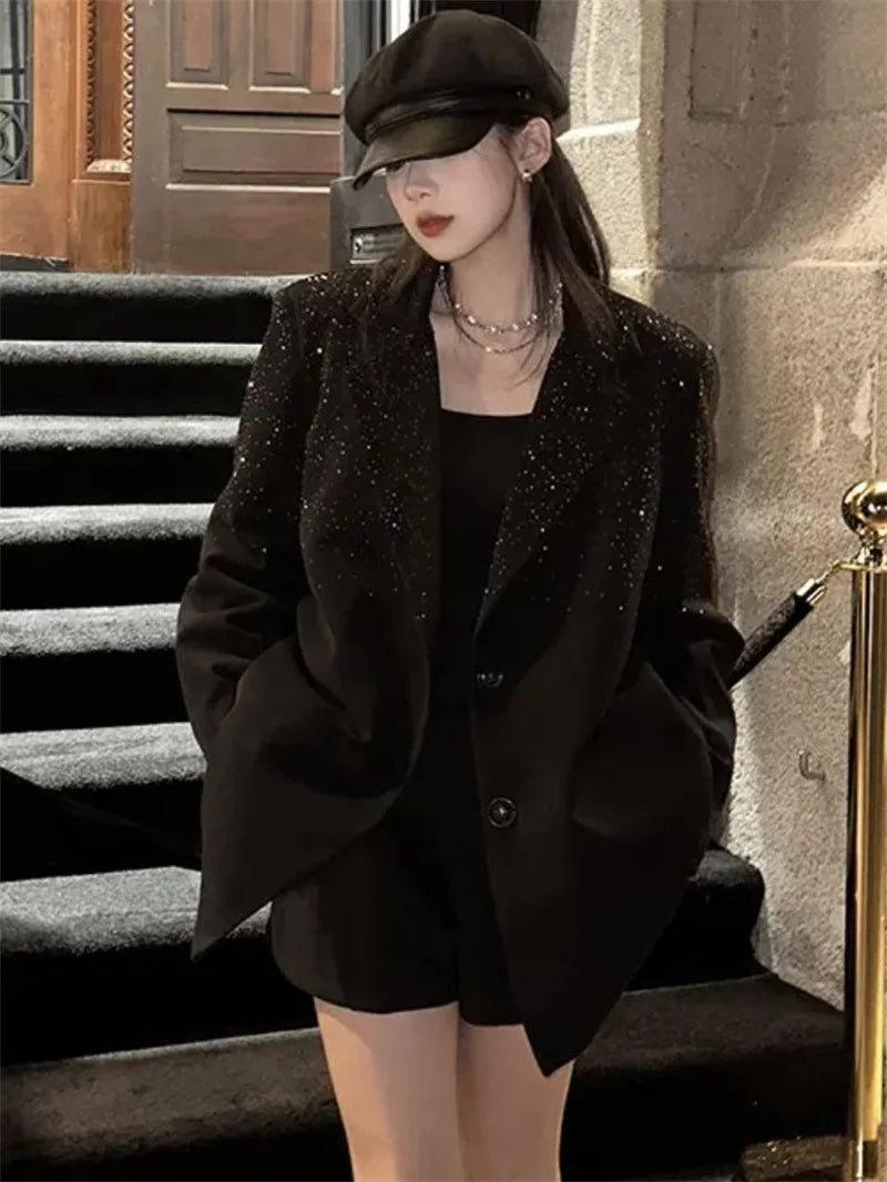 Senior Heavy Industry Suit Jacket Women 2024 Spring Autumn New Korean Version Rhinestone Western Style Blazer Coat Female Tops