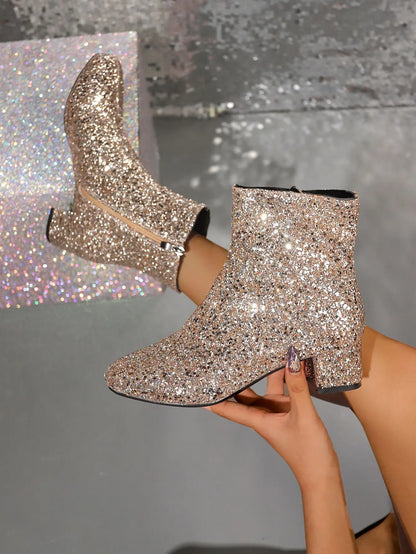 Boots Women Christmas Glitter Zipper Chunky Heel Ankle Boot Sequins Round Toe Chunky Heels Ankle Boots Party Shoes for Women