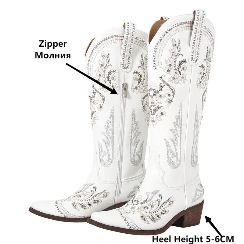 Bottes de cowboy blanches brodées Onlymaker pour femmes, à talon bloc, bout pointu, ornées de cristaux, style cowgirl.