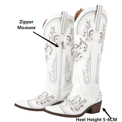 Bottes de cowboy blanches brodées Onlymaker pour femmes, à talon bloc, bout pointu, ornées de cristaux, style cowgirl.