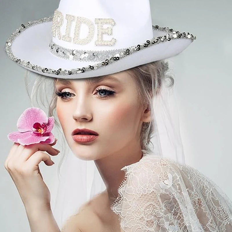 Chapeau de mariée amusant de cow-boy avec voile en maille et strass, chapeau à large bord pour enterrement de vie de jeune fille, accessoires de fête de mariage