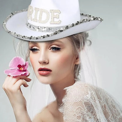 Chapeau de mariée amusant de cow-boy avec voile en maille et strass, chapeau à large bord pour enterrement de vie de jeune fille, accessoires de fête de mariage