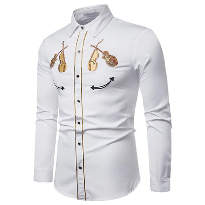 Chemise de style occidental pour hommes, motif d'instrument de musique, imprimé bouton à manches longues de rue, vêtements de sport de rue à la mode