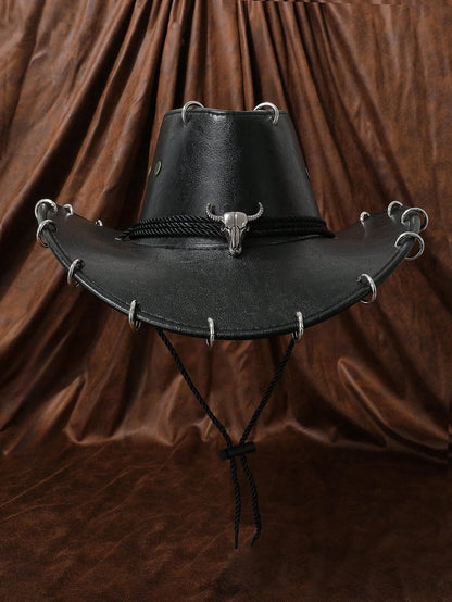 HongLuan – chapeau de Cowboy noir réglable en cuir PU pour hommes et femmes, mode occidentale de voyage, Cowgirl avec Badge Bullhead, chapeaux d'extérieur pour femmes
