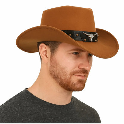 Chapeau de Cowboy occidental de Style ethnique Vintage, tête de vache à bord en rouleau, chapeau de Jazz en Polyester à large bord, chapeau de chevalier Cosplay