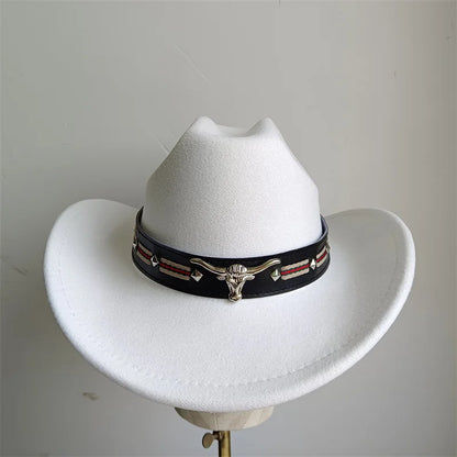 Chapeau de cowboy de style ethnique, tendance, chic, unisexe, couleur unie, avec décoration en forme de taureau, style western