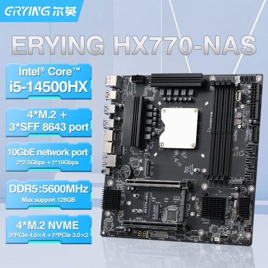 Erying NAS Gaming Motherboard CPU Combo i5 14500HX Core processor 4*NVME 12*SATA 4*DDR5 2*PCIe4.0 1*10G Network Lan Mainboard