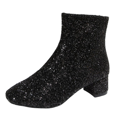 Luxury Sequined Women Ankle Boots Solid Color Chunky Block Heels Short Boot Side Zipper Autumn Winter Party Shoes Large Size