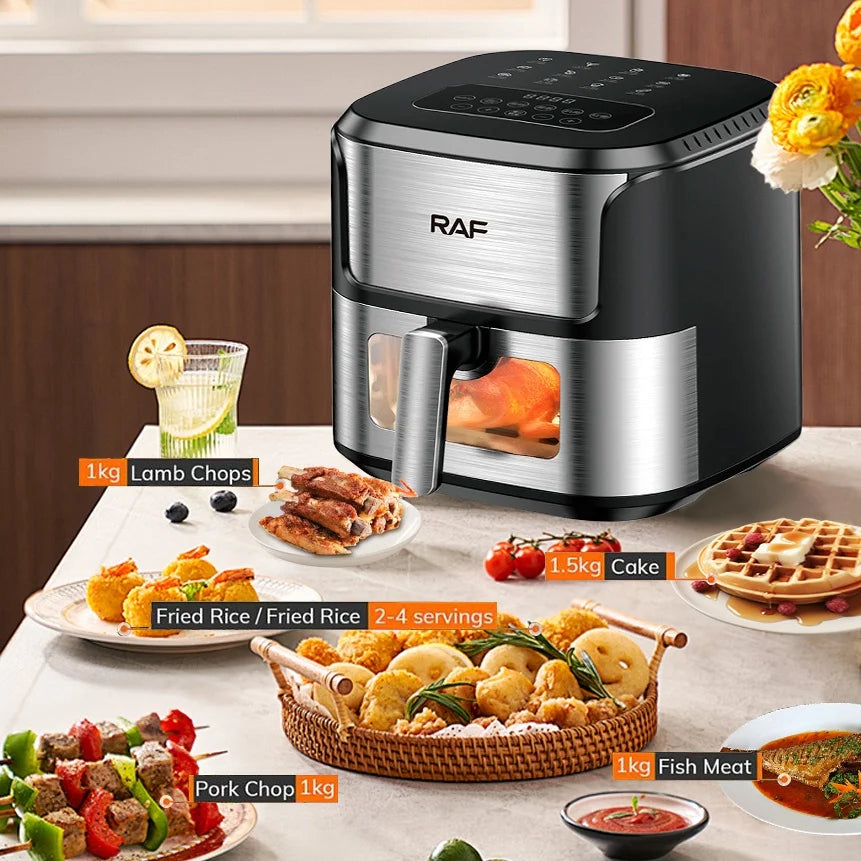 Friteuse à air chaud 5L, four électrique avec commandes tactiles, panier antiadhésif et hublot, idéal pour la cuisine et la famille.