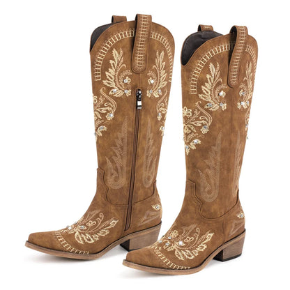 Bottes de cowboy blanches brodées Onlymaker pour femmes, à talon bloc, bout pointu, ornées de cristaux, style cowgirl.