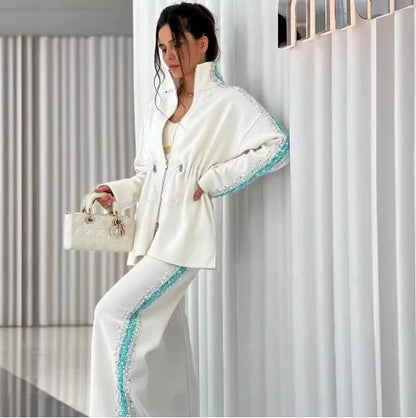 Ensemble deux pièces pour femme, mode automne-hiver, patchwork, paillettes, manches longues contrastées, fermeture éclair, manteau, pantalon large décontracté