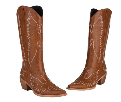 NASBAVI Red Western Cowboy Boots for Women Embroidered Pointed Toe Shoes Knee High Wide Calf Cowgirl Boots