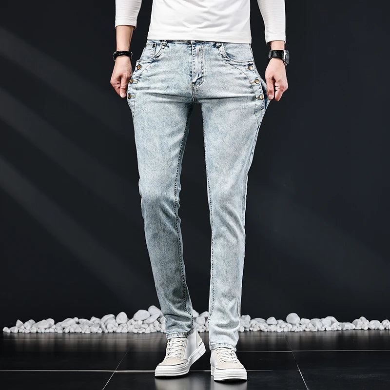 Jean slim slim pour homme, nouveau design élastique coréen, mode multi-boutons, bleu, blanc, délavé vintage, coton extensible, pantalon en denim