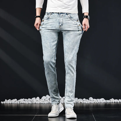 Jean slim slim pour homme, nouveau design élastique coréen, mode multi-boutons, bleu, blanc, délavé vintage, coton extensible, pantalon en denim