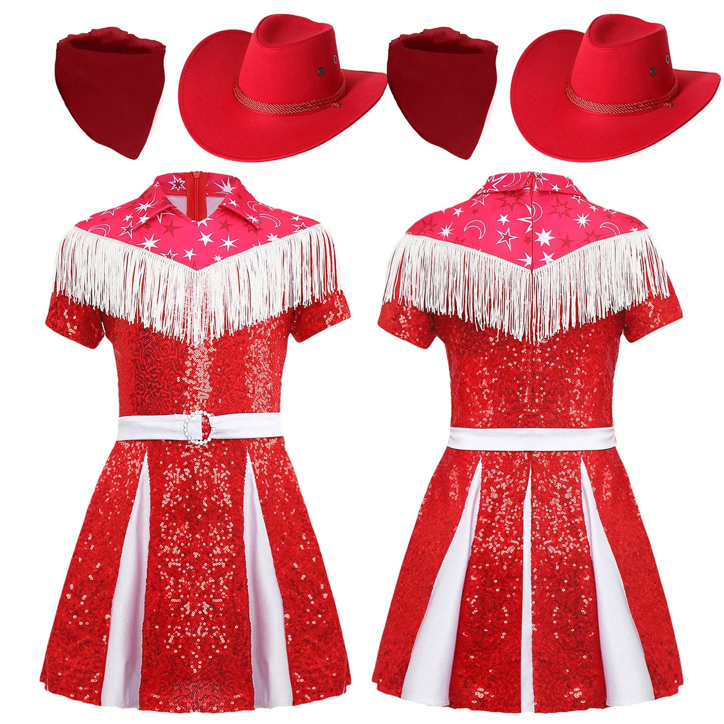 Kids Girls Western Cowgirl Cosplay Costume Fringe Sequin Dress with Cowboy Hat Bandanna Halloween Carnival Theme Party Outfit