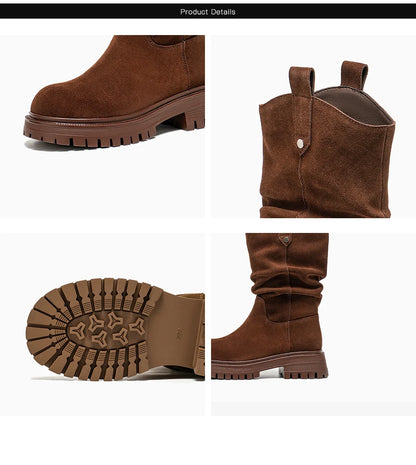 BEAUTODAY Ruched Western Boots Women Cow Suede Leather Rivet Decoration Round Toe Solid Color Autumn Winter Shoes Handmade 06304