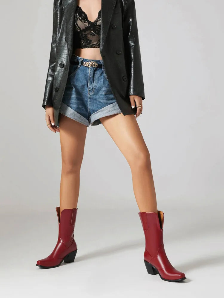 Bottes de cowboy western rétro noires mi-mollet pour femmes, talons hauts épais, chaussures gothiques, grandes tailles 34-48 777-11