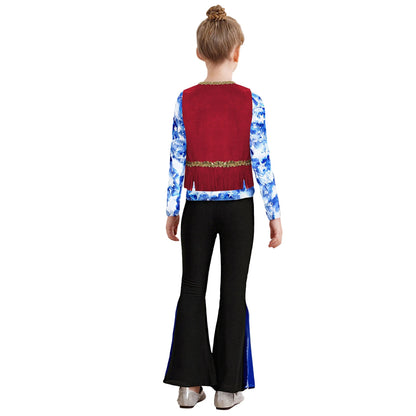 Girls Halloween Disco Hippie Western Cowgirl Carnival Cosplay Costume Printed Shirt Tops with Tassels Vest And Flared Pants Set
