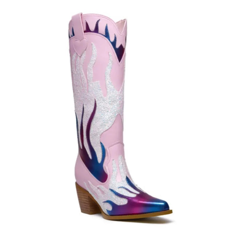Women's Metallic Western Boots with Pointed Toe, Mid-calf To Knee-high Height, Sparkly and Colorful Design. Stylish Cowgirl Look