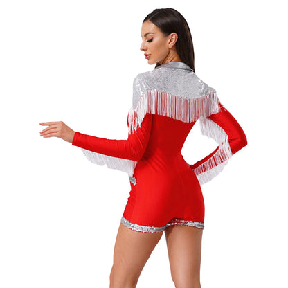 Womens Halloween Western Cowgirl Playsuit Sparkly Cosplay Costume 70s 80s Disco Bodysuit Tassel Fringe Sequins Boyshorts Rompers