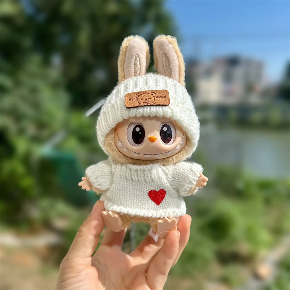 Cute Labubu Bunny Doll Accessories with Knitted Clothes Rabbit Ears Hat Heart Sweater for Toy Collectors Labubu Clothes