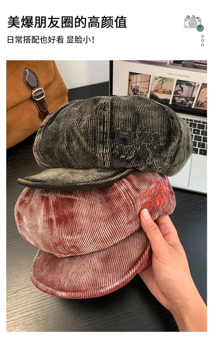 Bérets en velours côtelé rétro brodés avec lettres mignonnes pour femmes, petit chapeau de peintre littéraire polyvalent et décontracté pour printemps et automne
