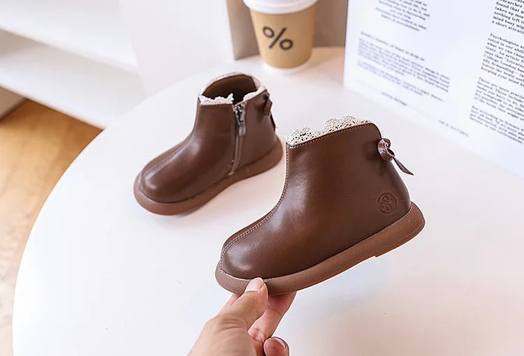 2024 New Autumn Children Boots Leather Girls Ankle Boots  Lace Butterfly-knot  Rubber Sole Fashion Toddler Kids Boots EU 21-30