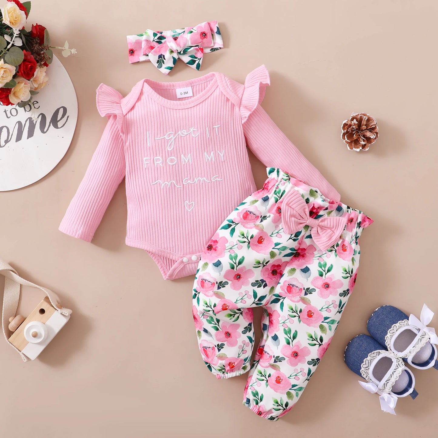 0-18M Baby Girl Pink Clothes Set Spring&Autumn Clothing Long Sleeve Bodysuit+Floral Pants+Headband 3PCS Toddler Fashion Outfits