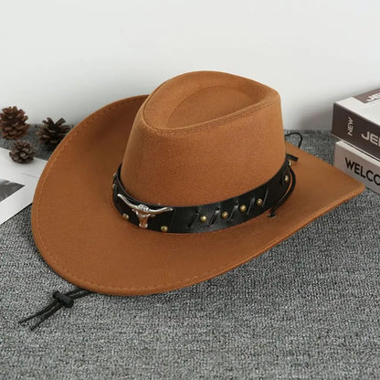 Chapeau de Cowboy occidental de Style ethnique Vintage, tête de vache à bord en rouleau, chapeau de Jazz en Polyester à large bord, chapeau de chevalier Cosplay