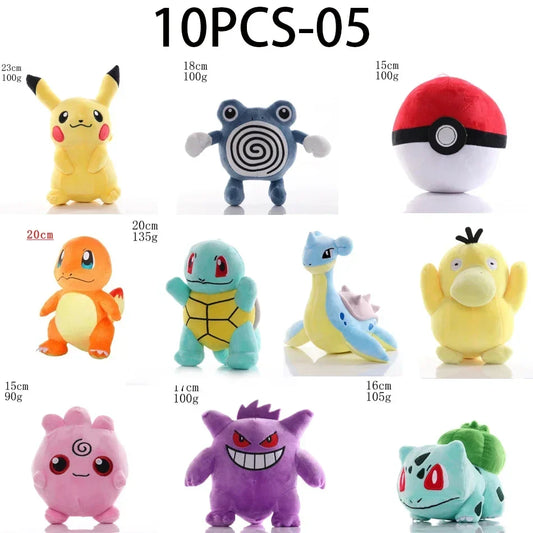 *10PCS Pokemon Plush Charmander Squirtle Pikachu Moon Eevee Plush Bulbasaur Stuffed Animal Toy Gengar Doll Gift for Kid 18-25cm