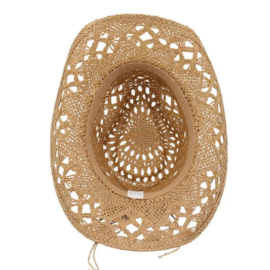 Chapeau de cowboy en paille pour hommes et femmes, chapeau de cow-girl occidental avec bord façonnable, chapeau de paille rétro tissé ajouré, chapeaux de soleil côtiers de plage