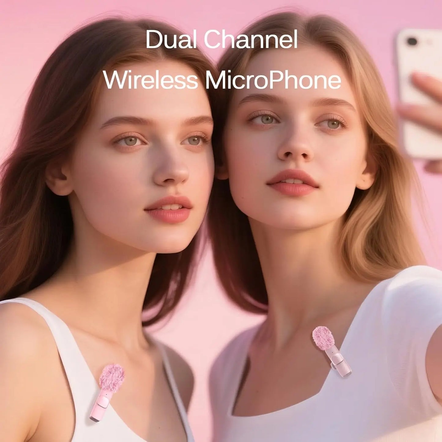 Pink Wireless Lavalier Lapel Microphone for iPhone iPad Vlogging Video Recording Mic for Live Interview Podcast Mic for Girl