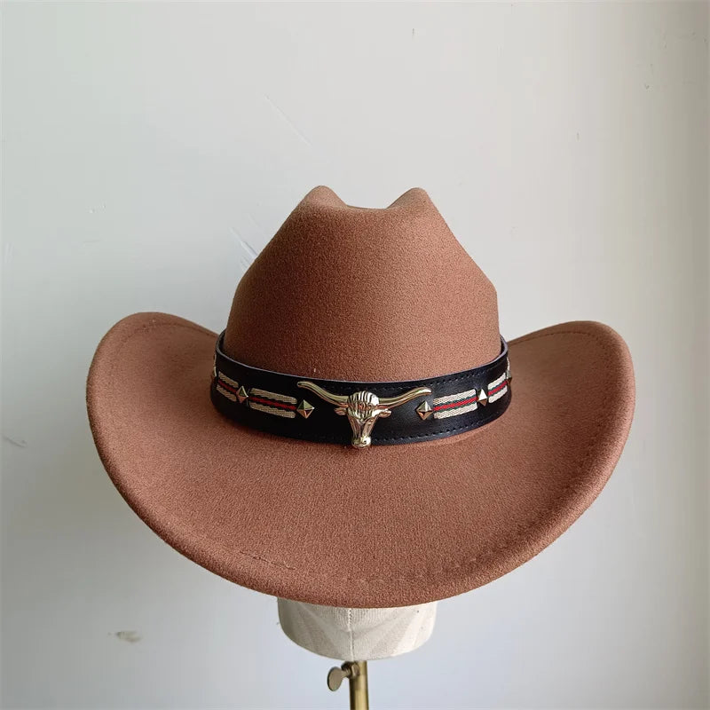 Chapeau de cowboy de style ethnique, tendance, chic, unisexe, couleur unie, avec décoration en forme de taureau, style western