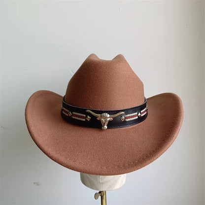 Chapeau de cowboy de style ethnique, tendance, chic, unisexe, couleur unie, avec décoration en forme de taureau, style western