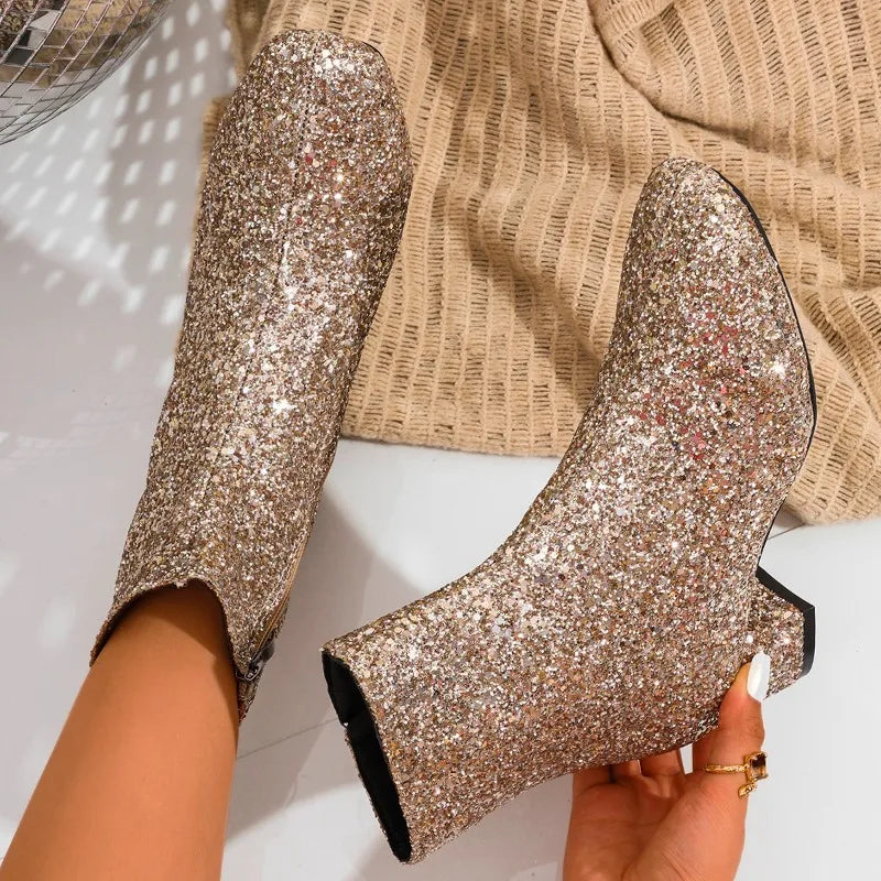 Glitter Fashion Sequins Boots Women Zipper Chunky Heel Women's Boots Round Toe Chunky Heels Ankle Boots Party Shoes for Women