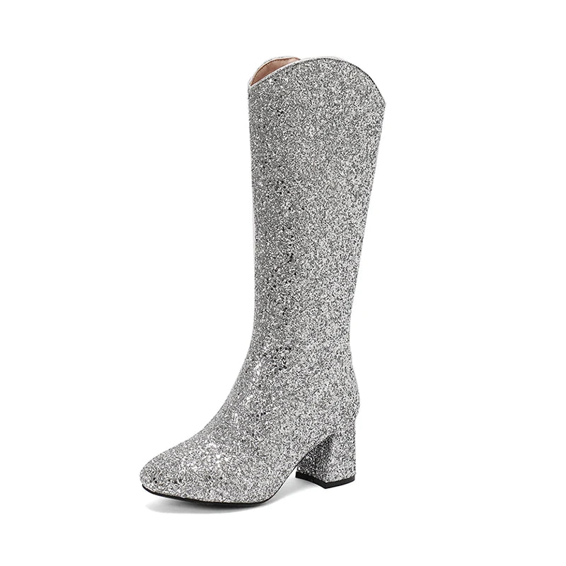 Grainy Sequin Women's Tall Boots Bling Sung Fit Knee High Boots 6.5cm Heels Comfy 2024 Winter Shoes