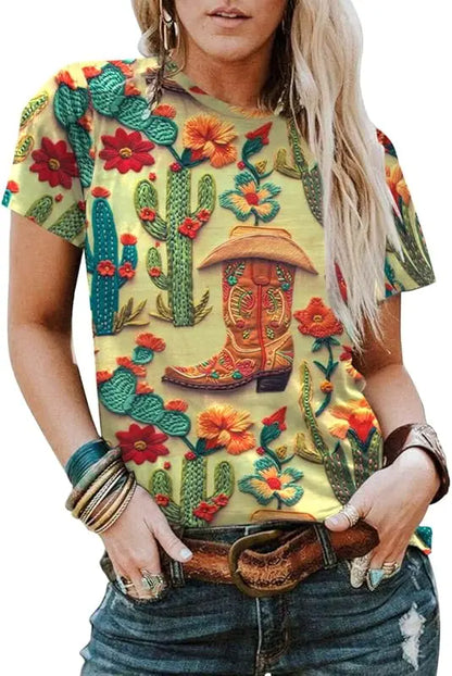 Bohemian Western Cowgirl Shirt: Vintage Western Rodeo Pattern T-Shirt Cowgirl 3D Digital Print Short Sleeve Top