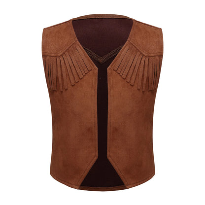 Gilet de cowboy western pour garçon, costume hippie cosplay, ourlet à franges, gilet ouvert sur le devant avec bandana et chapeau en feutre à cordon